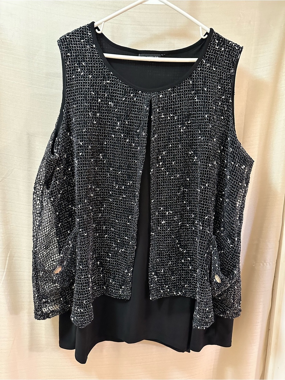 Nina Leonard Black Open Knit Overlay Tunic Top Layered Boho Plus Size XXL